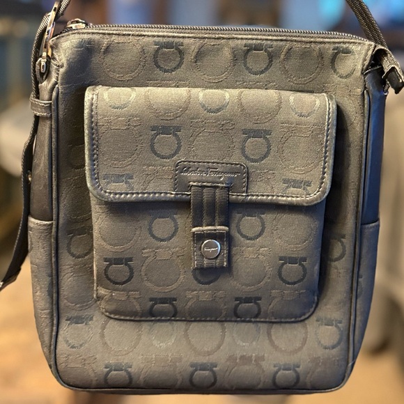 Salvatore Ferragamo Handbags - Vintage Salvatore Ferragamo Gancini Monogram Canvas Crossbody Bag - Black